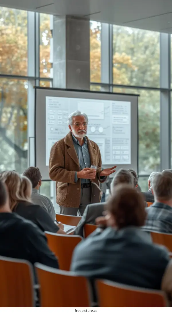 Professor giving a lecture to a group of students in a college classroom