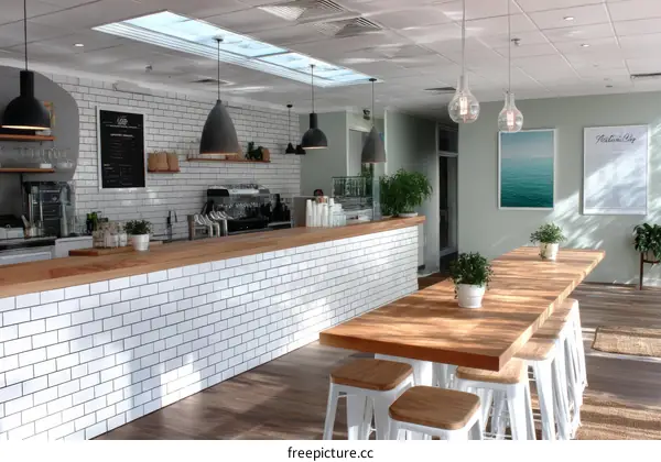 Modern Cafe Interior Design with White Brick Wall