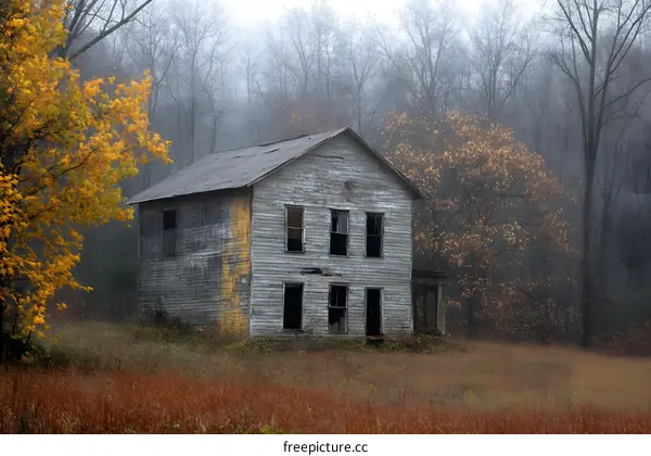 Abandoned House In The Woods In Fall