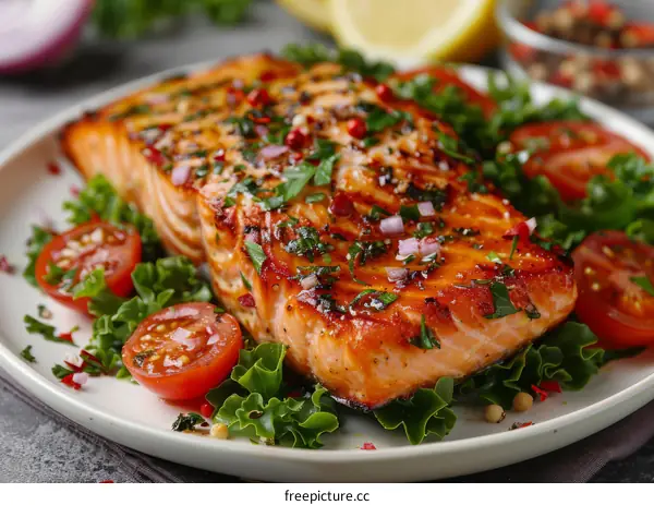 Grilled salmon fillet with tomatoes and herbs