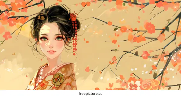 A beautiful Japanese girl with long black hair and green eyes, wearing a traditional kimono with orange floral patterns, standing in front of a peach blossom tree with orange blossoms.