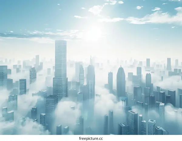 An aerial view of a city with many skyscrapers and clouds