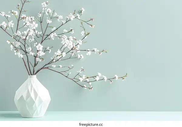 White Flowers in a Geometric Vase Against a Mint Green Background