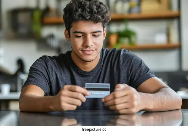 Young Man Examining a Credit Card in a Home