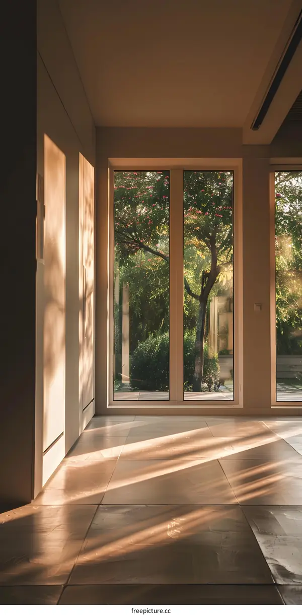 Sunlight Streaming Through Large Windows In Modern Home Interior
