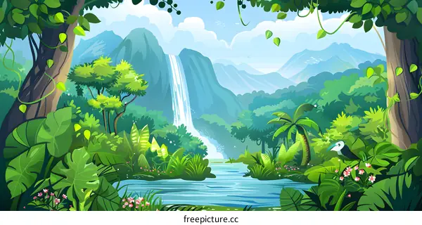 Jungle Waterfall Landscape Illustration