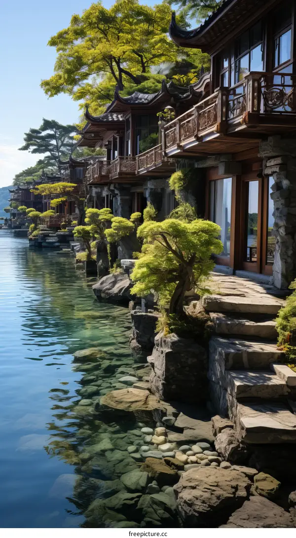 Oriental lake houses with beautiful landscaping
