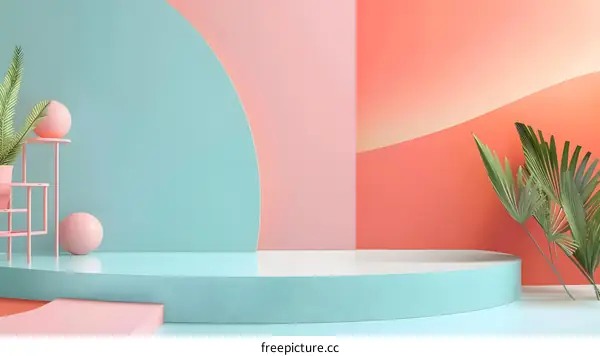 Abstract Blue and Pink Minimalist 3D Geometric Background with Plants