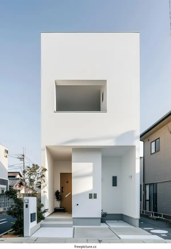Modern White Minimalist House Facade with Balcony
