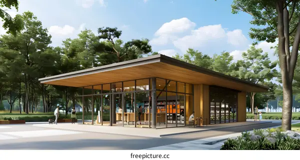 Modern Wooden Cafe Building with People in Front