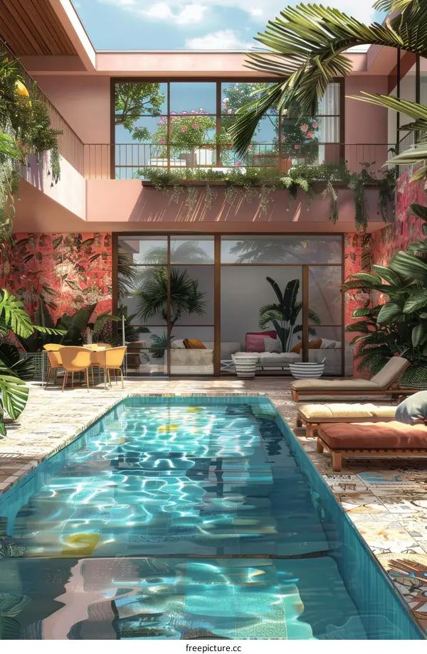 Courtyard with swimming pool and tropical plants