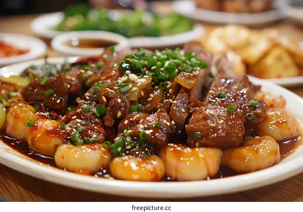 delicious korean food with rice cakes and pork