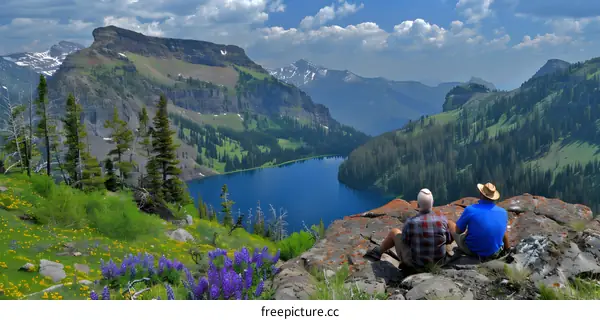 Two Men Enjoying the Mountain View With a Lake in the Distance