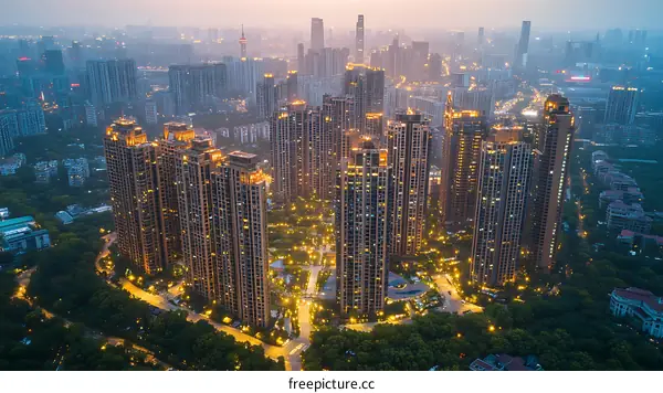 Aerial View of Illuminated Modern Cityscape with High-Rise Buildings