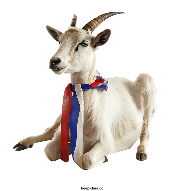 [Transparent Background PNG]Goat wearing a tricolor ribbon against a black background