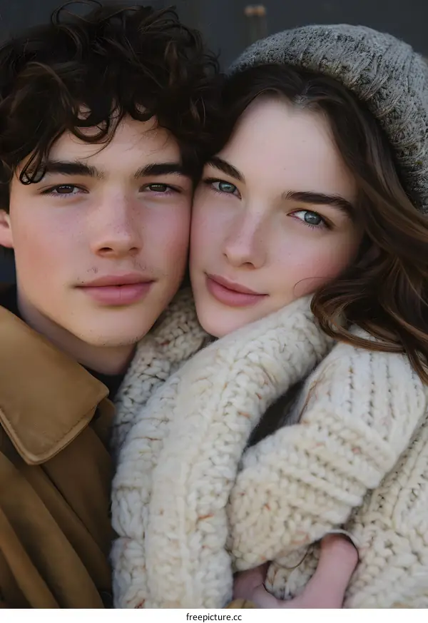 Couple in Love, Winter Fashion, Close Up Portrait