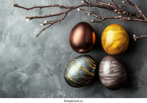Four Decorated Easter Eggs on a Gray Background
