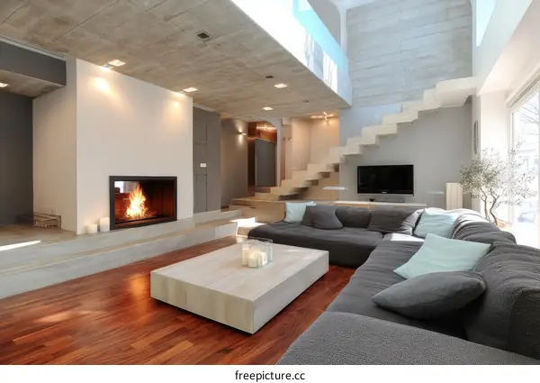 Modern Concrete Living Room with Fireplace
