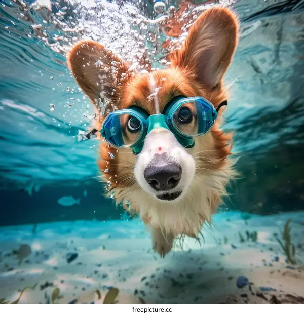 A cute corgi dog wearing swimming goggles swims underwater
