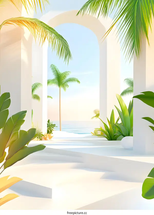 Tropical Minimalist Archway with Palm Trees and Ocean View
