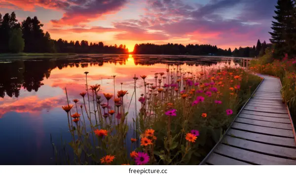 Wooden dock near a lake at sunset with colorful flowers in the foreground