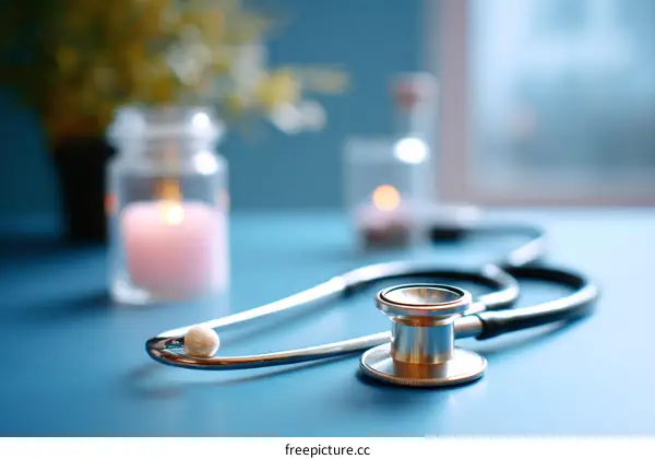 Medical Stethoscope on Blue Desk with Candles and Blurred Background