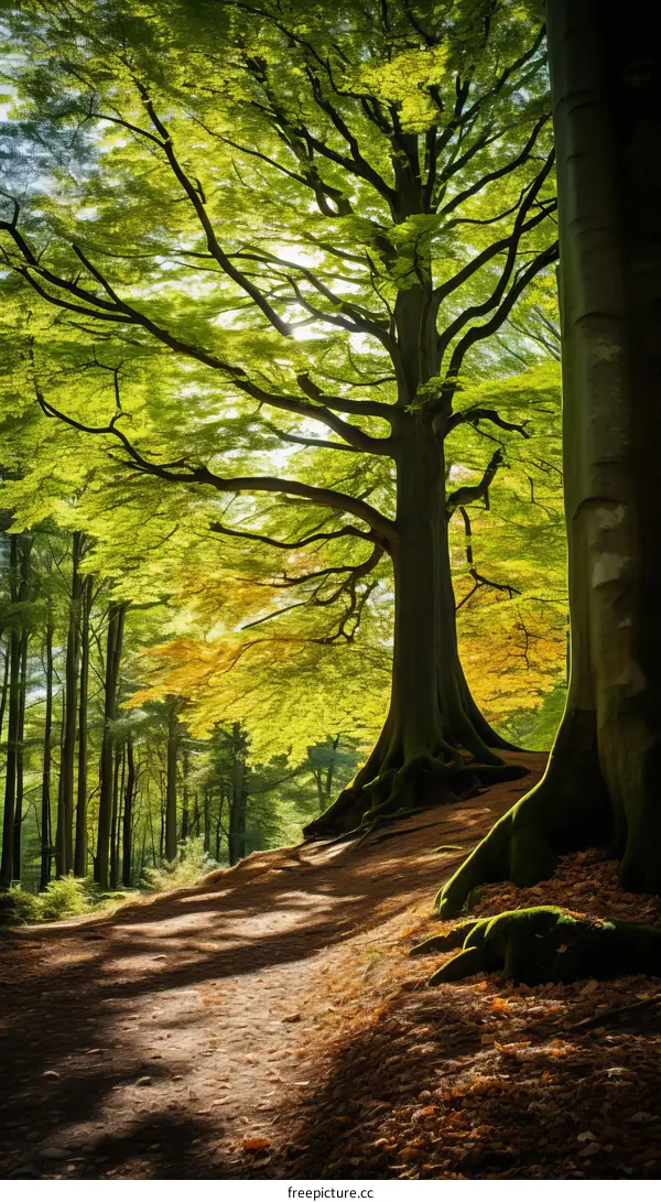 The sun shines through the tall trees in the forest