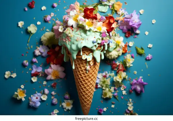 Ice Cream Cone Adorned with Vibrant Blooms