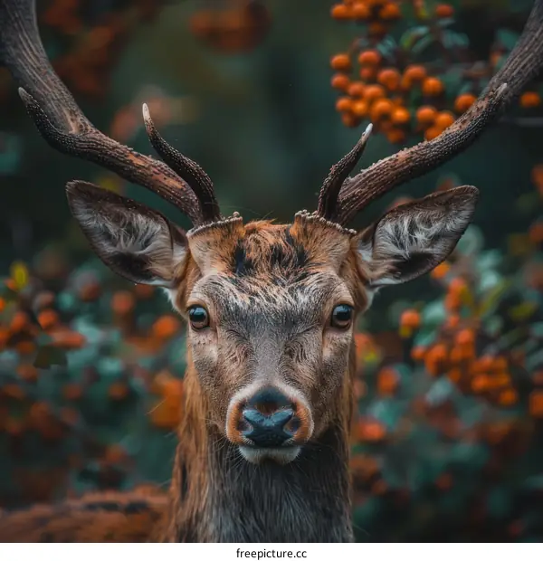 Close-up of a deer's face with large antlers in front of a blurred background of orange berries