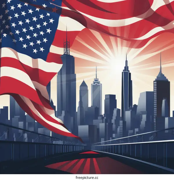 Patriotic American City Illustration with Skyscrapers and Waving American Flag