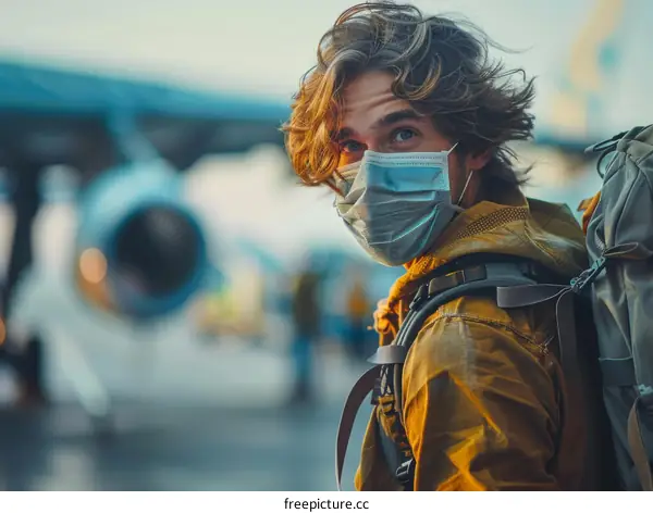 Young male traveler wearing a mask at the airport