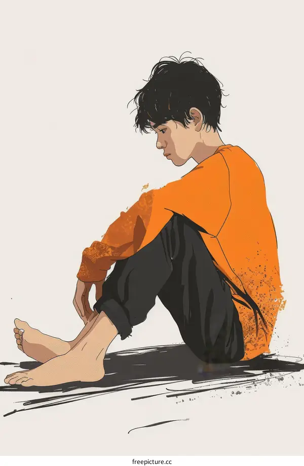 boy sitting on the ground with bare feet