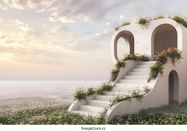 Abstract Minimalist White Building With Flower Garden