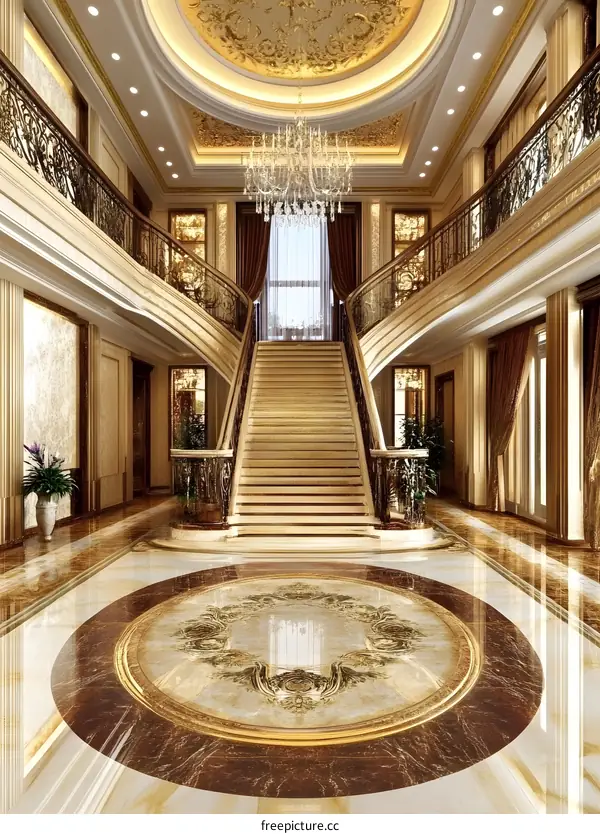 Luxury Interior Design With Golden Staircase And Chandelier