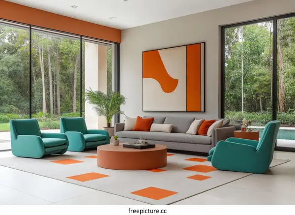 Modern Living Room with Large Windows and Orange Art