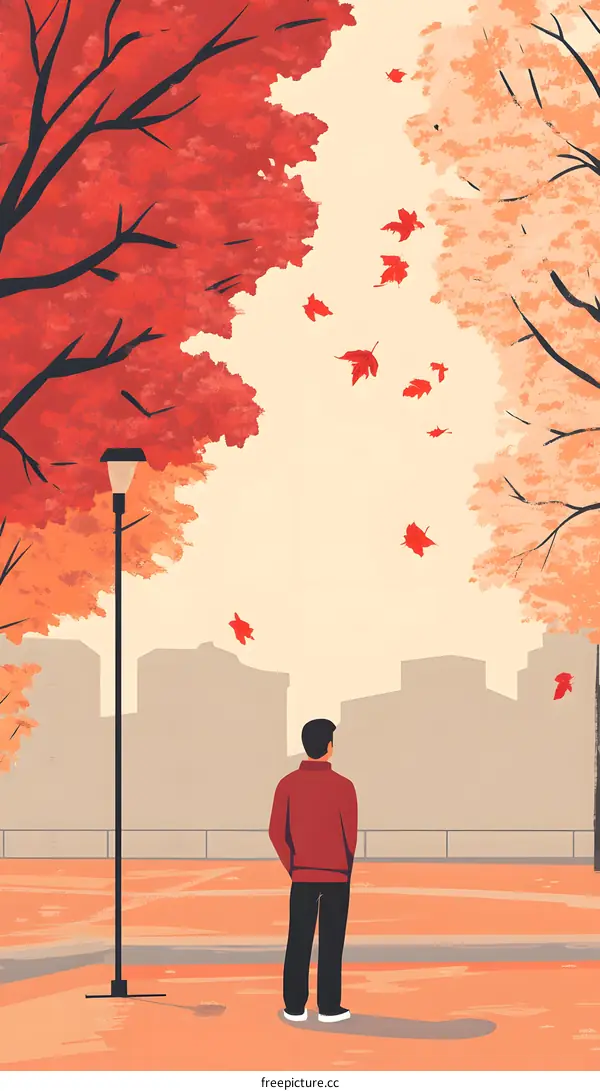 Man Looking At Red Leaves In Autumn