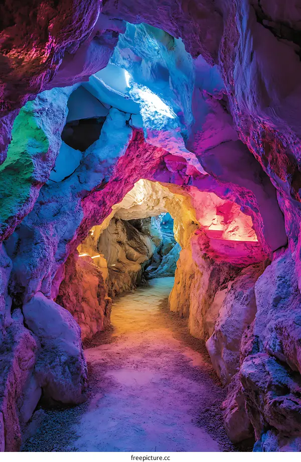 Colorful Lights in Cave Tunnel