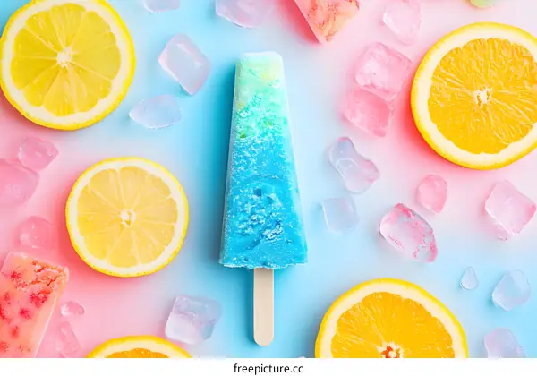 Blue Popsicle on Blue and Pink Background With Lemon and Orange Slices