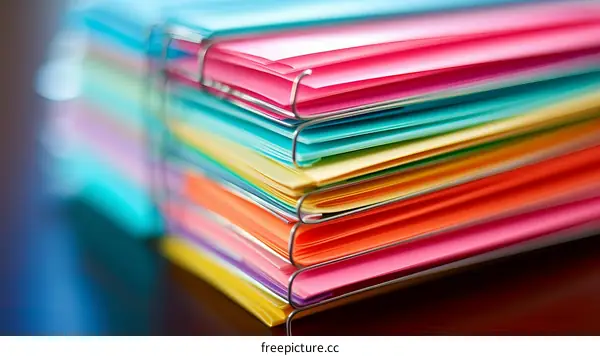 A stack of colorful files sit on a desk