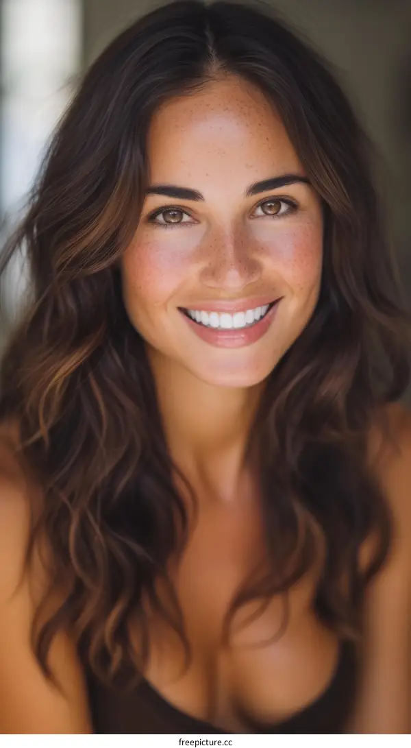 portrait of a smiling young woman with long brown hair