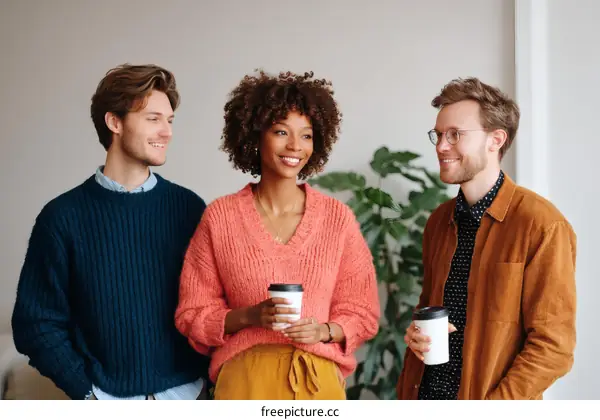 Three diverse colleagues enjoying a coffee break