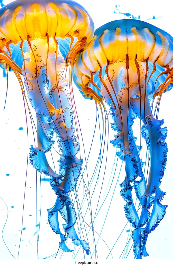Two jellyfish in a deep blue ocean