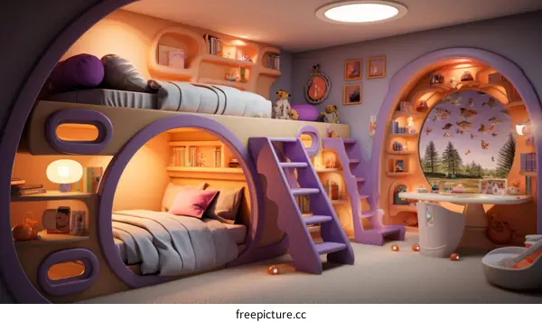 Colorful Bunk Bed Bedroom with Toys and Pillows