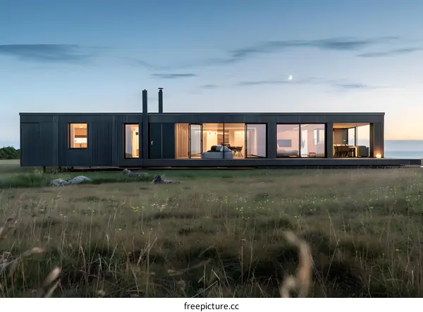 Modern Black House with Large Windows Overlooking the Ocean at Dusk