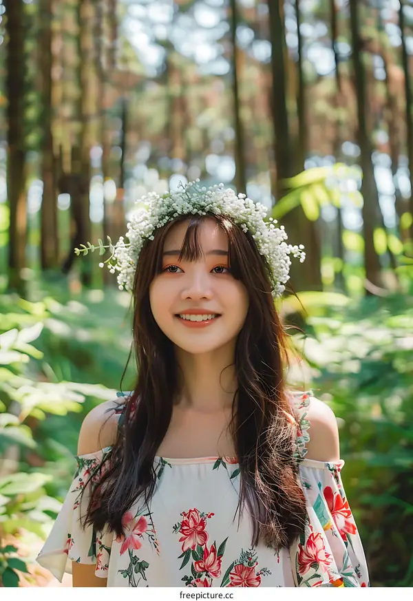 Smiling Asian Woman with Flower Crown in a Forest