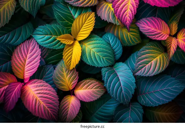 Colorful leaves of different plants with dark background