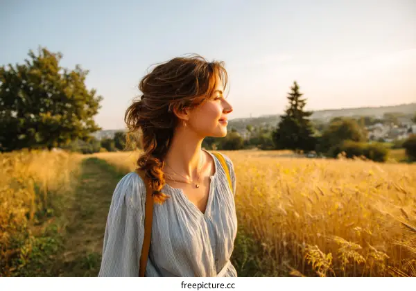 Woman Exploring Golden Wheat Field at Sunset