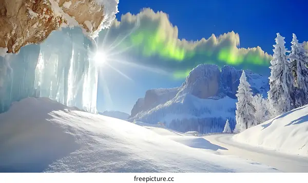 Winter Landscape with Ice Formations and Aurora Borealis