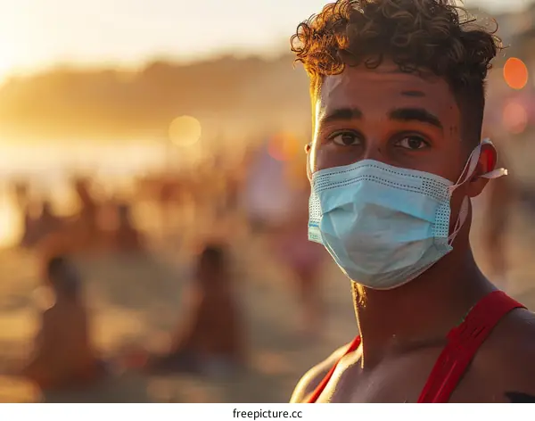 Lifeguard wearing a mask to protect against coronavirus