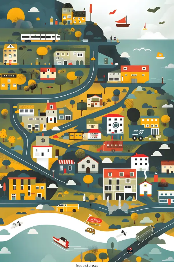 Illustrated Town Map with Houses and Buildings